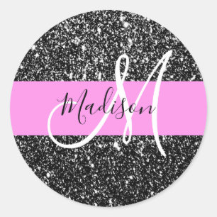 Glam Chic Pink Black Glitter Sparkle Name Monogram Ronde Sticker