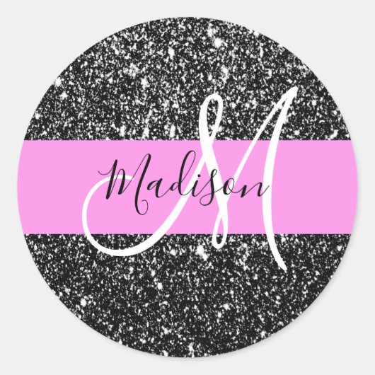 Glam Chic Pink Black Glitter Sparkle Name Monogram Ronde Sticker (Voorkant)
