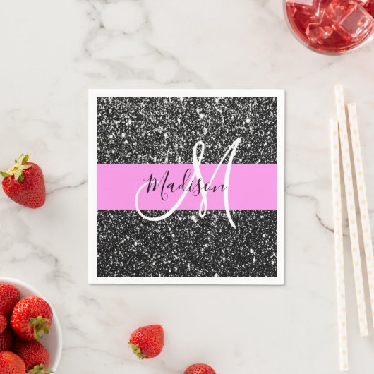 Glam Chic Pink Black Glitter Sparkle Name Monogram Servet (Insitu)