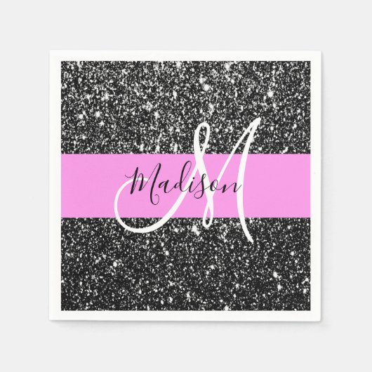 Glam Chic Pink Black Glitter Sparkle Name Monogram Servet (Voorkant)