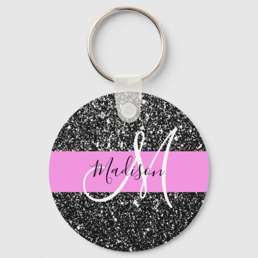 Glam Chic Pink Black Glitter Sparkle Name Monogram Sleutelhanger (Voorkant)