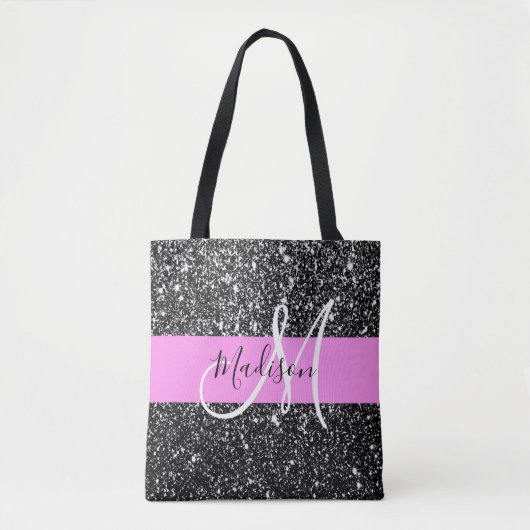 Glam Chic Pink Black Glitter Sparkle Name Monogram Tote Bag (Voorkant)