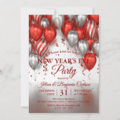 Glam Chic Red Silver Balloons New Year's Eve Party Kaart (Voorkant)