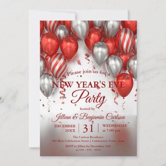 Glam Chic Red Silver Balloons New Year's Eve Party Kaart (Voorkant)