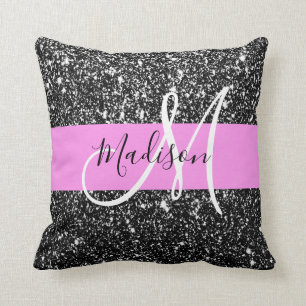 Glam Chic Roze Zwart Glitters Glans Naam Monogram Kussen