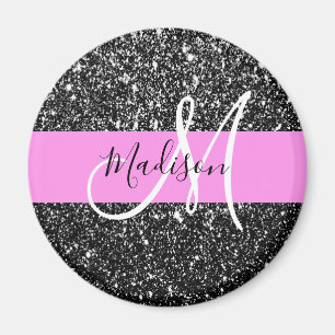 Glam Chic Roze Zwart Glitters Glans Naam Monogram Magneet