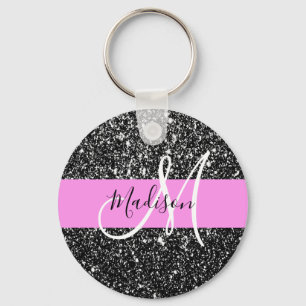 Glam Chic Roze Zwart Glitters Glans Naam Monogram Sleutelhanger
