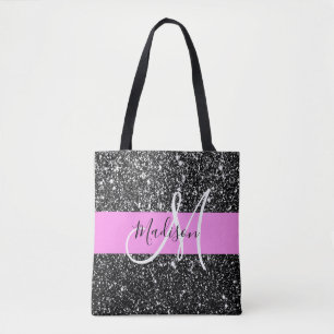 Glam Chic Roze Zwart Glitters Glans Naam Monogram Tote Bag