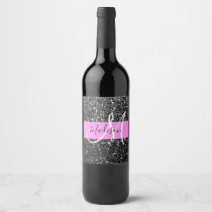 Glam Chic Roze Zwart Glitters Glans Naam Monogram Wijn Etiket