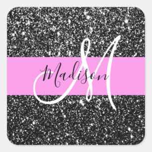 Glam Chic Roze Zwart Glitters Schitterende Naam Mo Vierkante Sticker