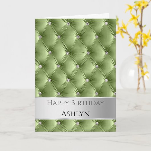 Glam Chic Sage Green Faux Velvet Silver Verjaardag Kaart (Gele Bloem)