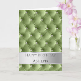 Glam Chic Sage Green Faux Velvet Silver Verjaardag Kaart