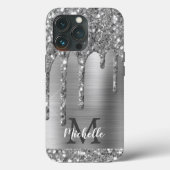 Glam Chic Silver Glitter Drift Monogram Metaal Case-Mate iPhone Case (Achterkant)