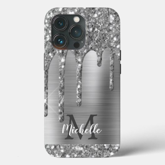 Glam Chic Silver Glitter Drift Monogram Metaal Case-Mate iPhone Case (Achterkant)