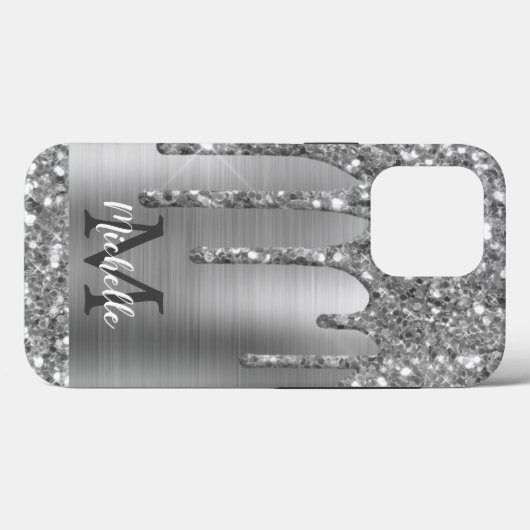 Glam Chic Silver Glitter Drift Monogram Metaal Case-Mate iPhone Case (Achterkant (horizontaal))