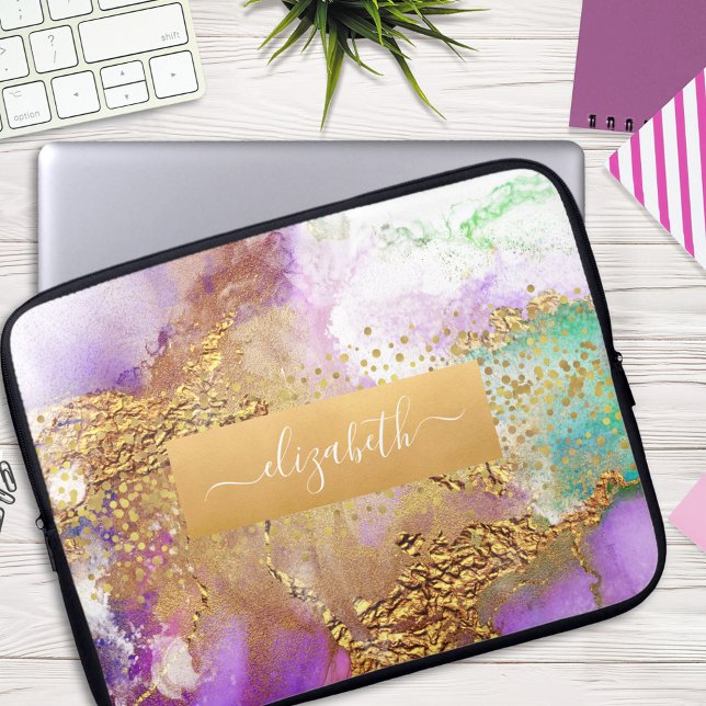 Glam chic waterverf marble gold paars aqua green laptop sleeve (Creator heeft geüpload)