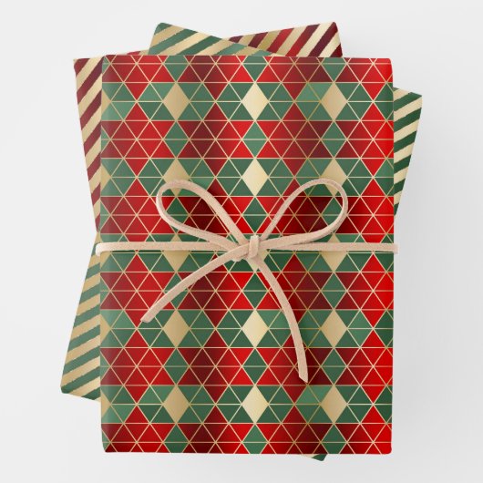 Glam Christmas Red Green Gold Geometric Stripes Inpakpapier Vel (In situ)