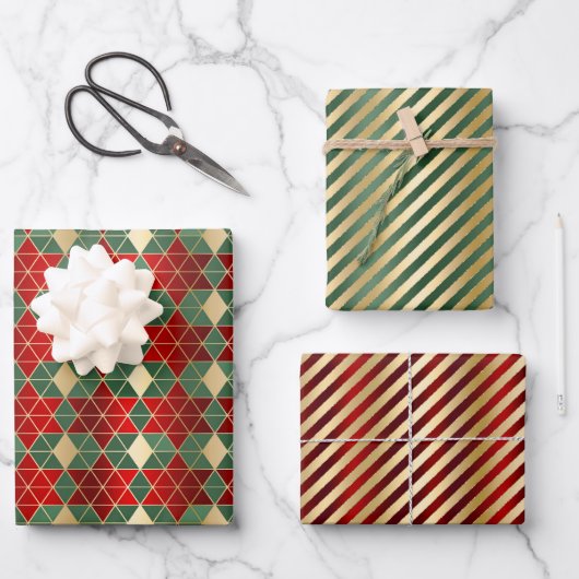 Glam Christmas Red Green Gold Geometric Stripes Inpakpapier Vel (Voorkant)