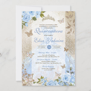 Glam Cinderella Blue Butterfly Quinceanera Kaart