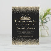 Glam Classic Black Quinceañera Gold Tiara Glitter Kaart (Staand voorkant)