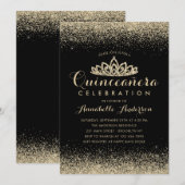 Glam Classic Black Quinceañera Gold Tiara Glitter Kaart (Voorkant / Achterkant)
