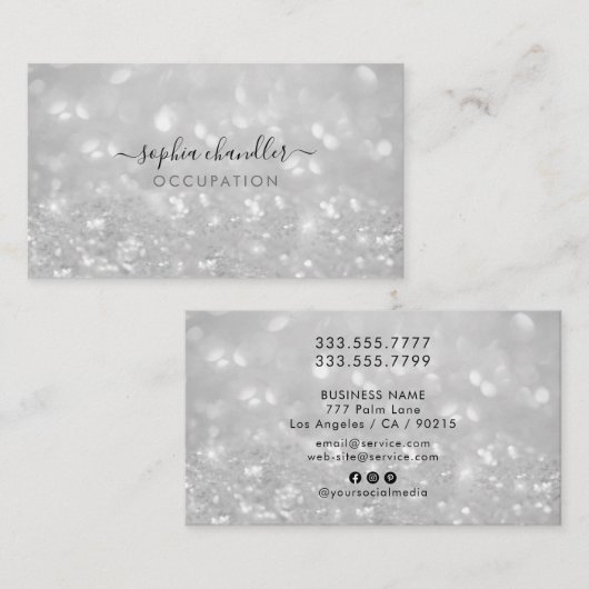 Glam Classy Glitter, zwart en wit, scriptnaam Visitekaartje (Voorkant / Achterkant)