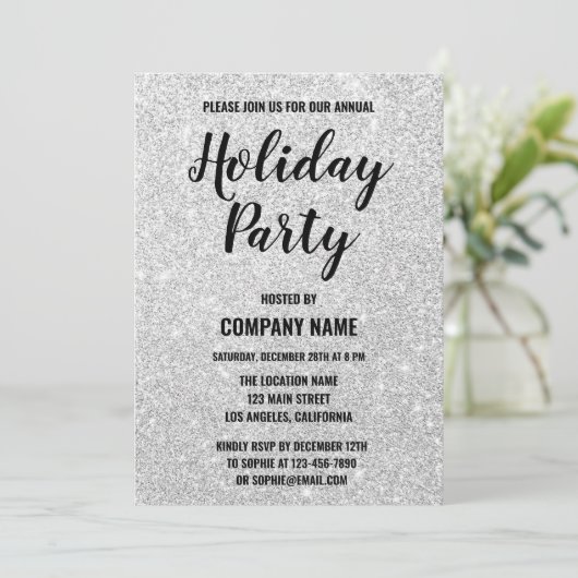 Glam Company Holiday Party Silver Glitter Sparkles Kaart (Staand voorkant)