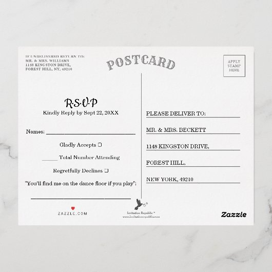 Glam Confetti Bruiloft RSVP Echt Folie Uitnodiging Briefkaart (Achterkant)