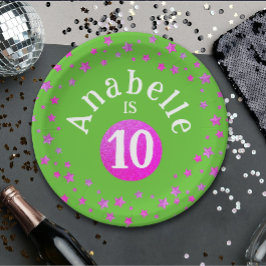 Glam Cool Pink Green Glitter Stars Kind Verjaardag Papieren Bordje