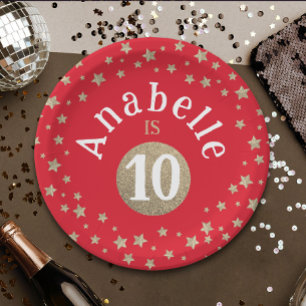 Glam Cool Red en Gold Glitter Stars Kind Verjaarda Papieren Bordje