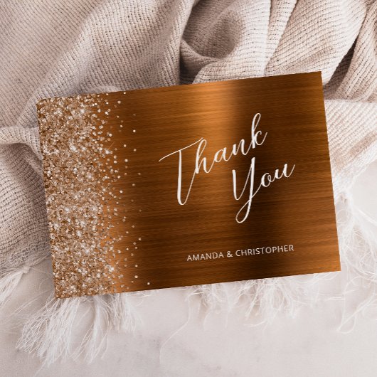 Glam Copper Metallic Wedding Flat Thank You Kaart