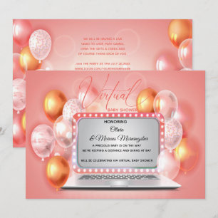 Glam Coral Modern Laptop Virtual Baby Girl Shower Kaart