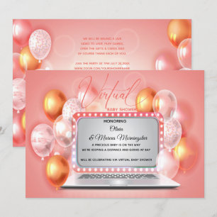 Glam Coral Modern Laptop Virtual Baby Girl Shower Kaart
