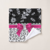 Glam D/Roze Bow-Gray Leopard-Silver Floral Sparkle Bad Handdoek (Wasdoekje)