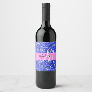 Glam Dark Blue Pink Glitter Sparkles Monogram Wijn Etiket