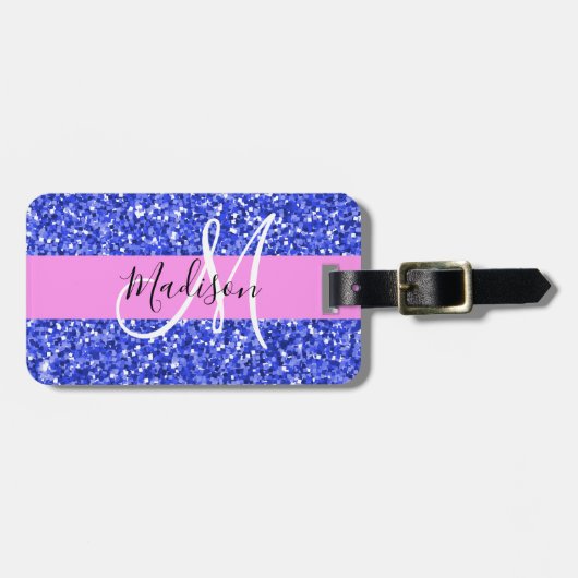 Glam Dark Blue Pink Glitter Sparkles Naam Monogram Bagagelabel (Voorkant horizontaal)