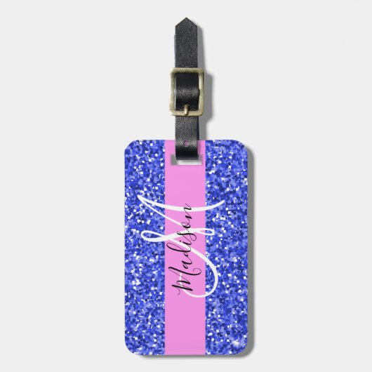 Glam Dark Blue Pink Glitter Sparkles Naam Monogram Bagagelabel (Voorkant verticaal)