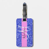 Glam Dark Blue Pink Glitter Sparkles Naam Monogram Bagagelabel (Achterkant verticaal)