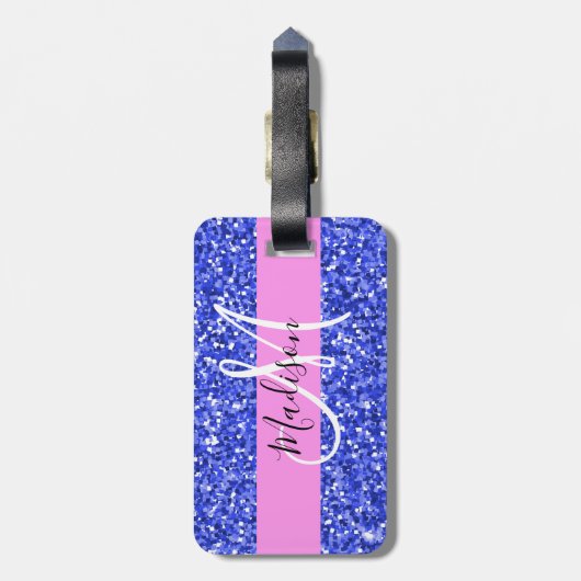 Glam Dark Blue Pink Glitter Sparkles Naam Monogram Bagagelabel (Achterkant verticaal)