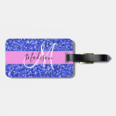 Glam Dark Blue Pink Glitter Sparkles Naam Monogram Bagagelabel (Achterkant horizontaal)