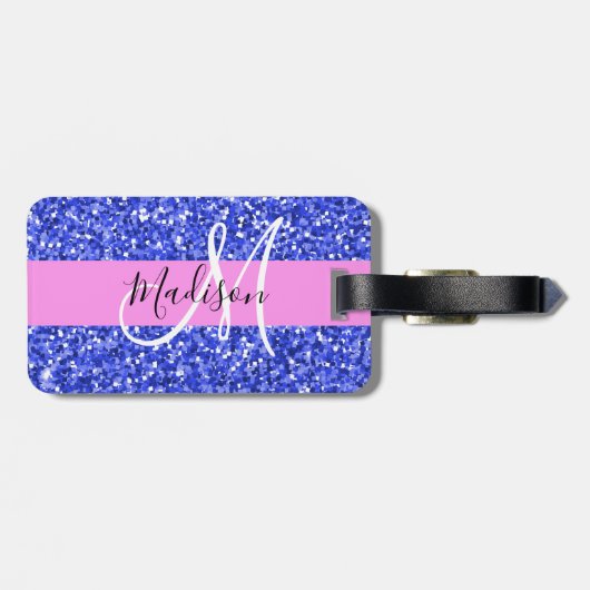 Glam Dark Blue Pink Glitter Sparkles Naam Monogram Bagagelabel (Achterkant horizontaal)