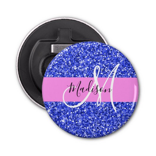 Glam Dark Blue Pink Glitter Sparkles Naam Monogram Button Flesopener (Voorkant)