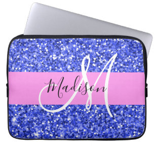 Glam Dark Blue Pink Glitter Sparkles Naam Monogram Laptop Sleeve