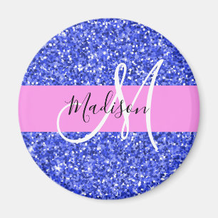 Glam Dark Blue Pink Glitter Sparkles Naam Monogram Magneet