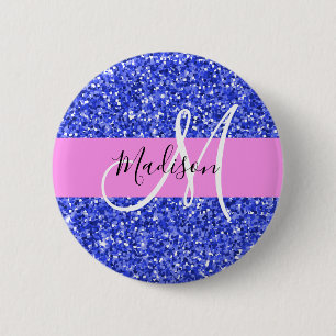 Glam Dark Blue Pink Glitter Sparkles Naam Monogram Ronde Button 5,7 Cm