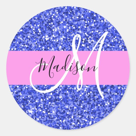 Glam Dark Blue Pink Glitter Sparkles Naam Monogram Ronde Sticker (Voorkant)