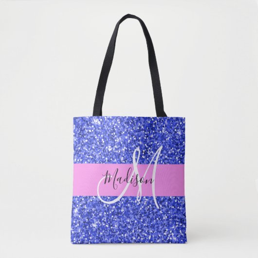 Glam Dark Blue Pink Glitter Sparkles Naam Monogram Tote Bag (Voorkant)
