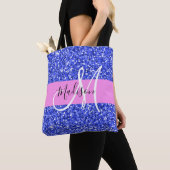 Glam Dark Blue Pink Glitter Sparkles Naam Monogram Tote Bag (Dichtbij)