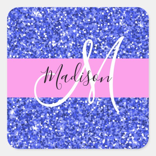Glam Dark Blue Pink Glitter Sparkles Naam Monogram Vierkante Sticker (Voorkant)