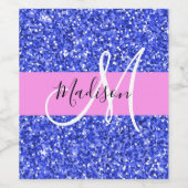 Glam Dark Blue Pink Glitter Sparkles Naam Monogram Wijn Etiket (Enkel label)